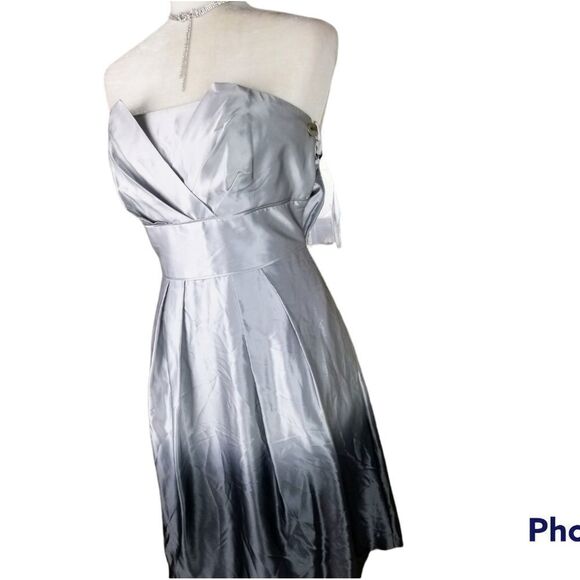 Formal Strapless Silver & Black Ombre Cocktail Silk Prom Dance Evening Dress - Picture 6 of 14